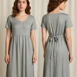 Vtg 90s Small Maxi Floral Crinkle Dress Blue Shiny Prairie Boho Cottage Oversize